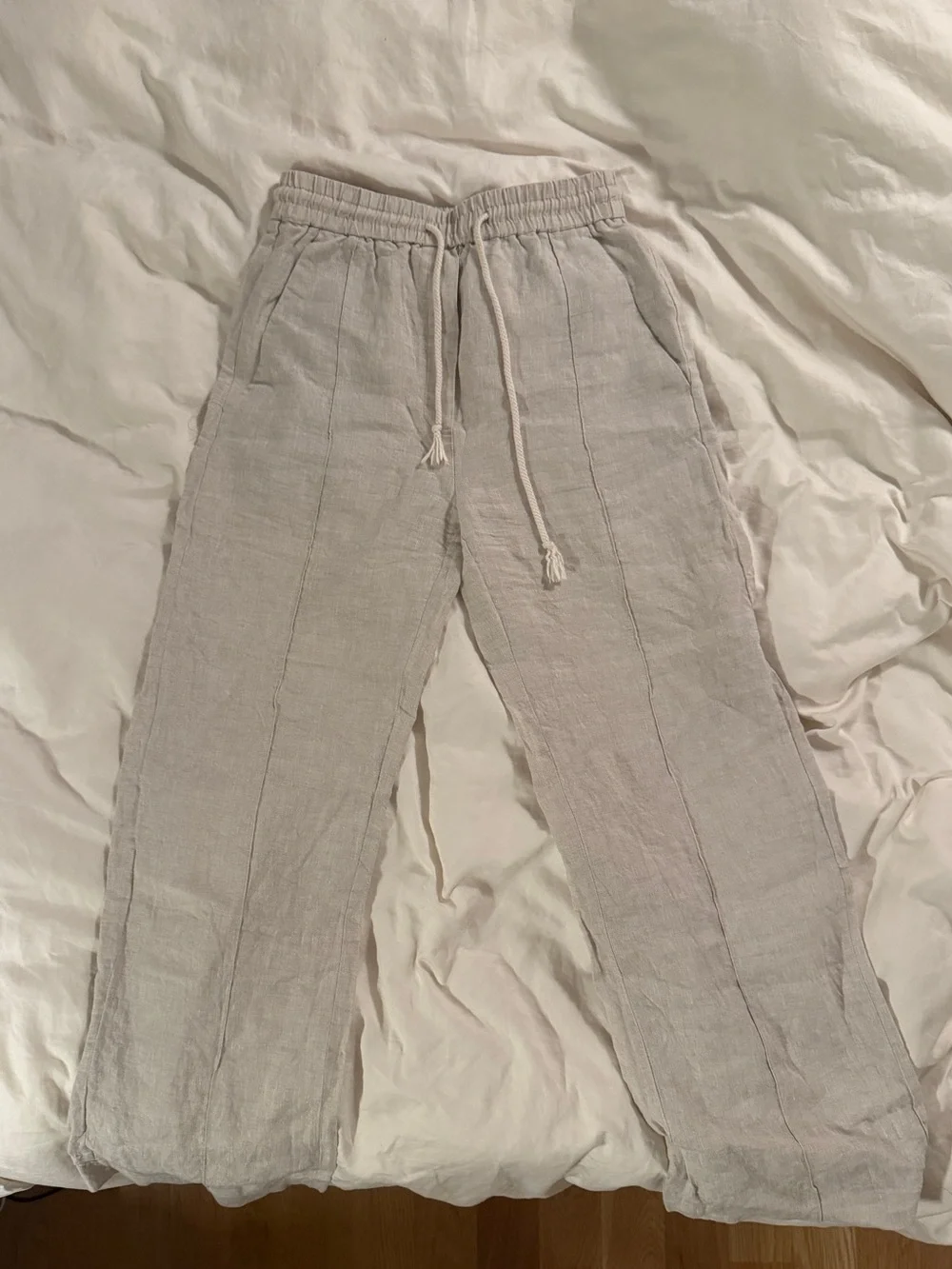 Zara Light Beige Drawstring Linen straight leg wide pants